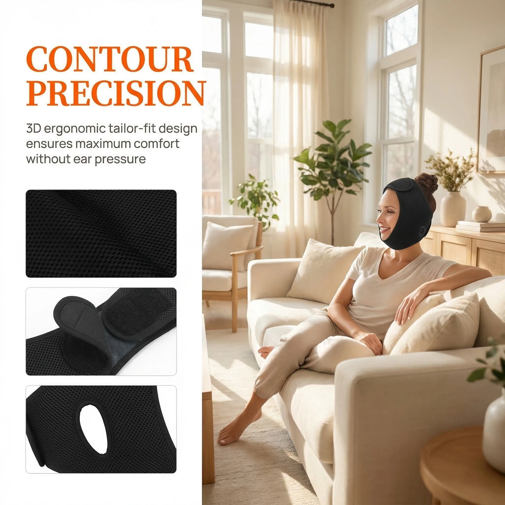 Woman wearing a black, mesh-fabric electric jaw heating wrap. Includes close-ups showing its velcro and ear hole design.