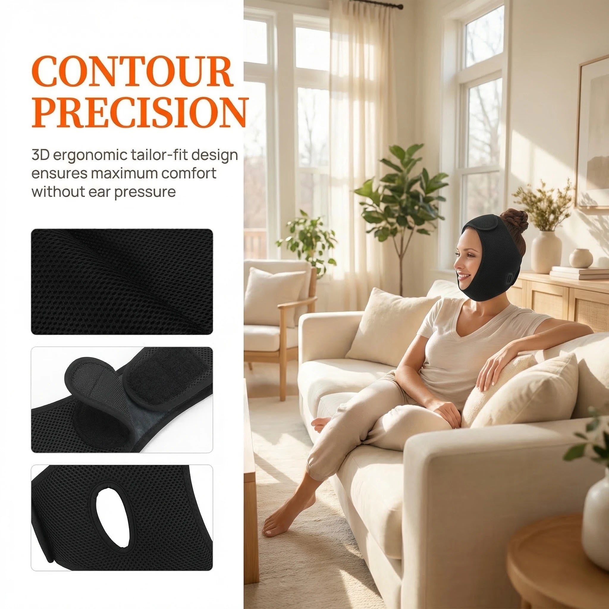 Woman wearing a black, mesh-fabric electric jaw heating wrap. Includes close-ups showing its velcro and ear hole design.