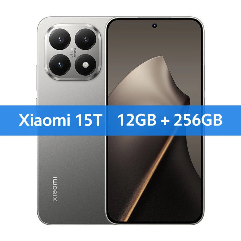 Xiaomi 15T grey smartphone, front and rear view, 120Hz display, 50MP Leica triple camera, 12GB RAM, 256GB storage.