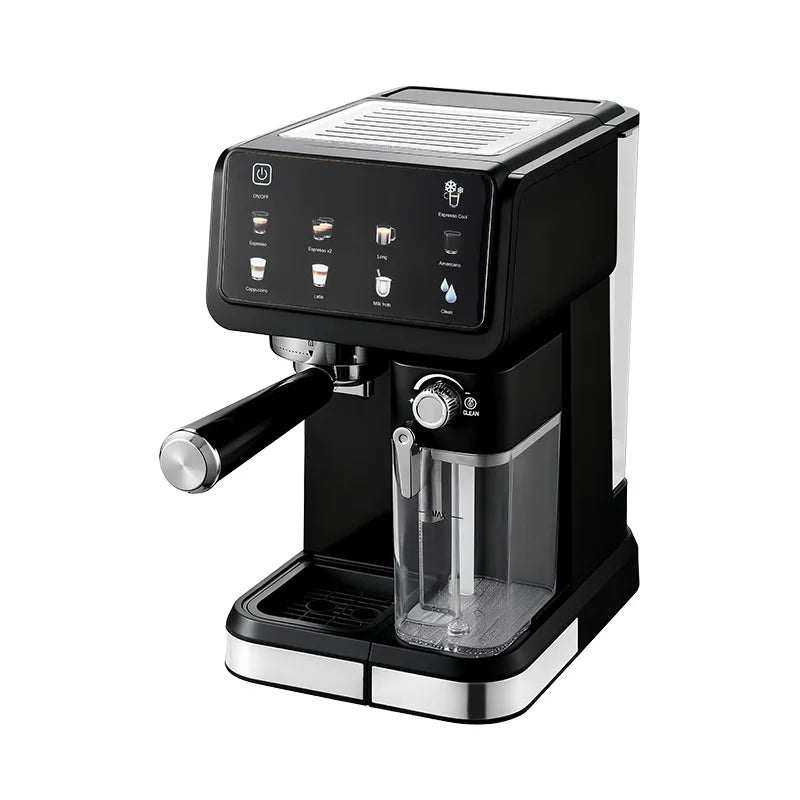 Black automatic espresso machine with milk frother, touchscreen interface, and stainless steel accents.