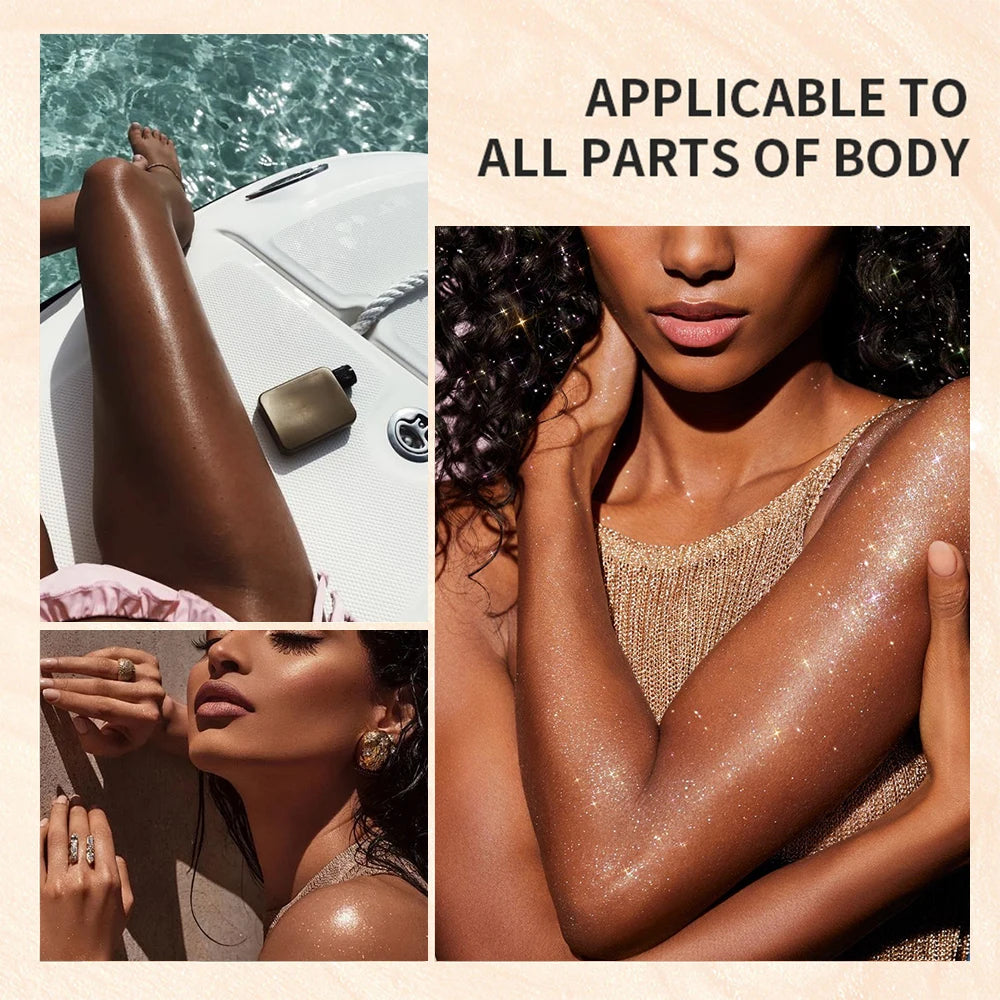 Tidesmit liquid body highlighting shimmer oil in 4 radiant shades for a luminous face and body makeup glow texture