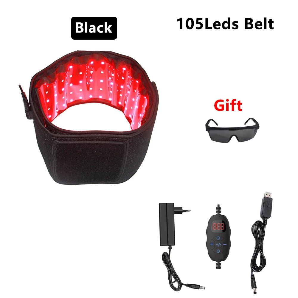Black 105 LED red light therapy belt with infrared therapy pad, controller, and protective goggles for pain relief.