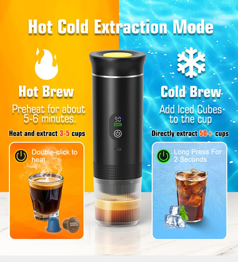 Black portable coffee maker for hot and cold brew with digital display, capsule-compatible design for travel.