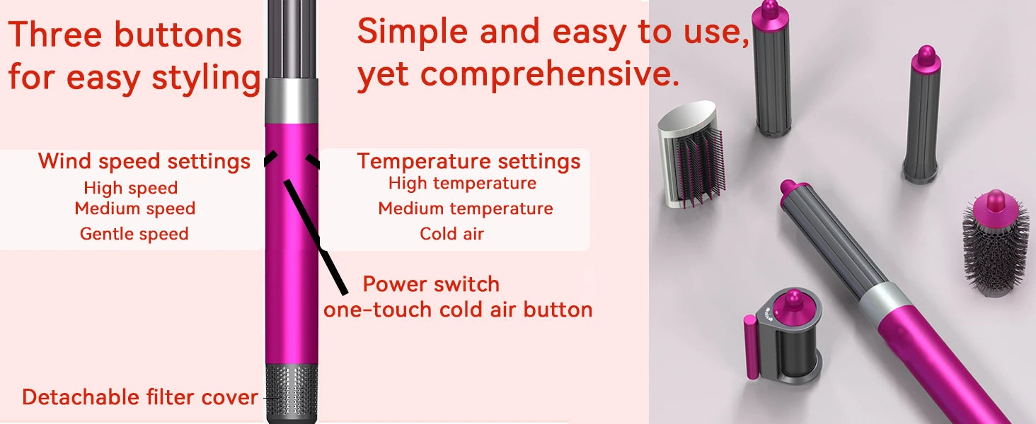 SenCiciMen 6-in-1 pink hair styler set with air brush, curling barrels, heat settings, and detachable filter.