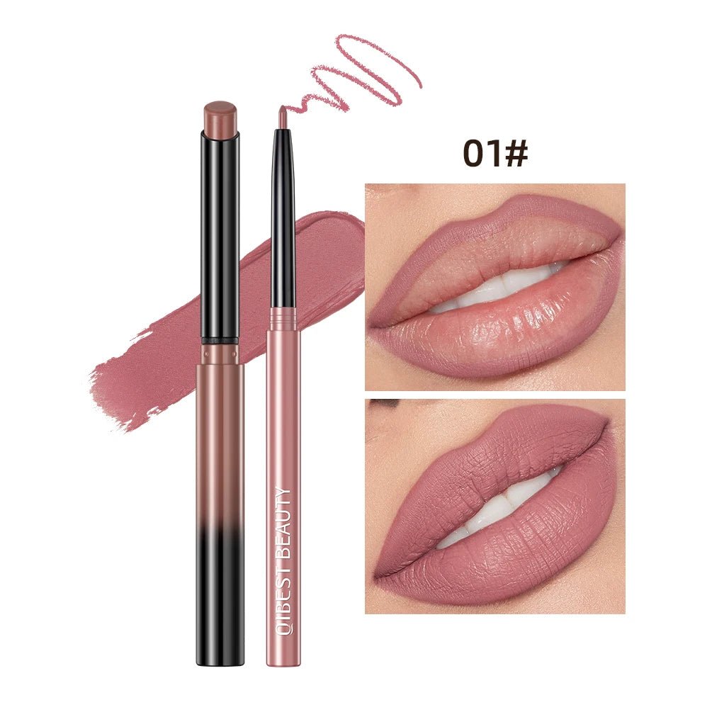 QIBEST 2pc mauve matte lipstick and lip liner set, pencil contour with smooth velvety finish on lips, shade 01#.