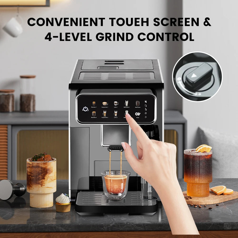 Black automatic espresso machine with touchscreen interface and 4-level grind control brewing coffee into a glass.