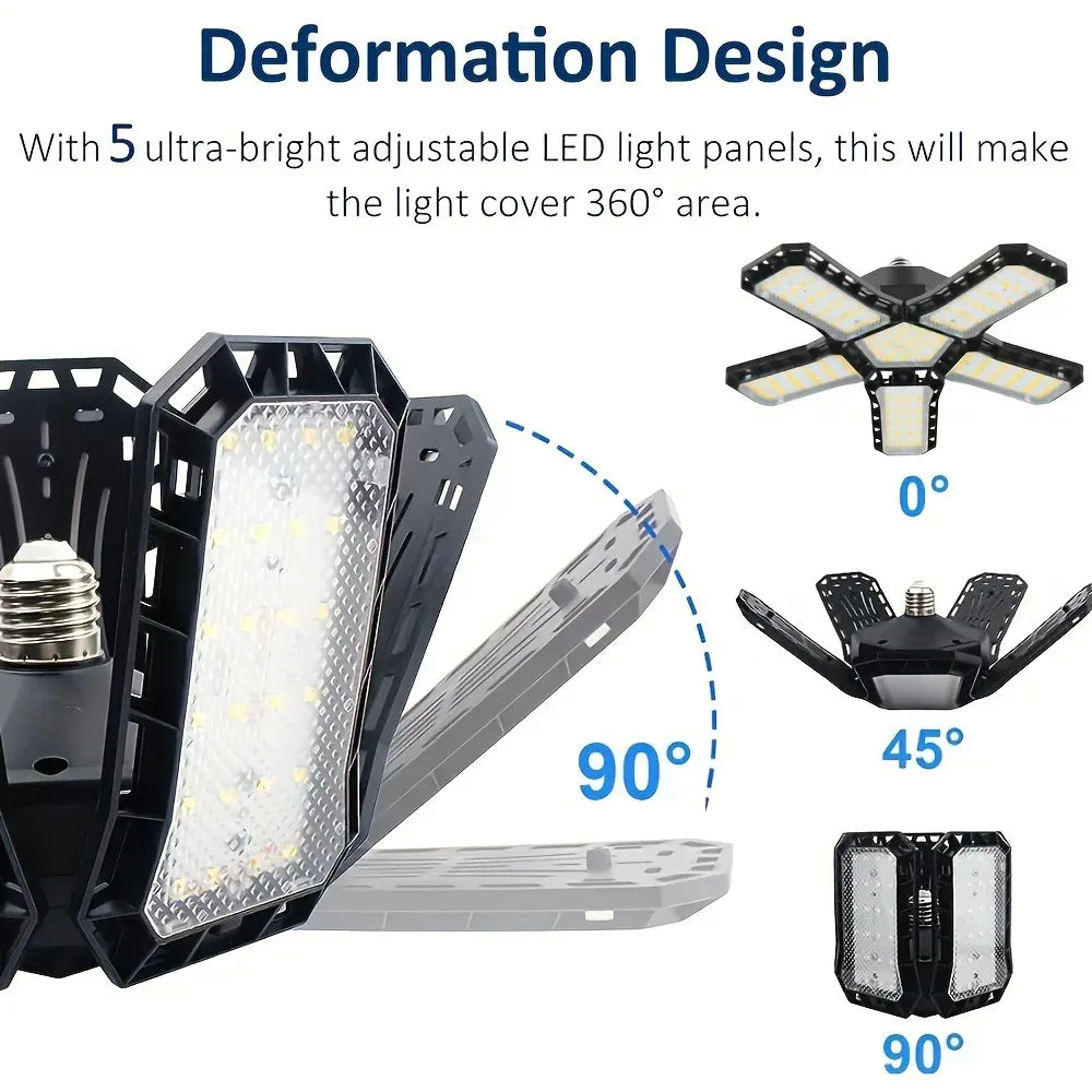 LED garage ceiling light with 5 adjustable LED panels and tilting angle heads