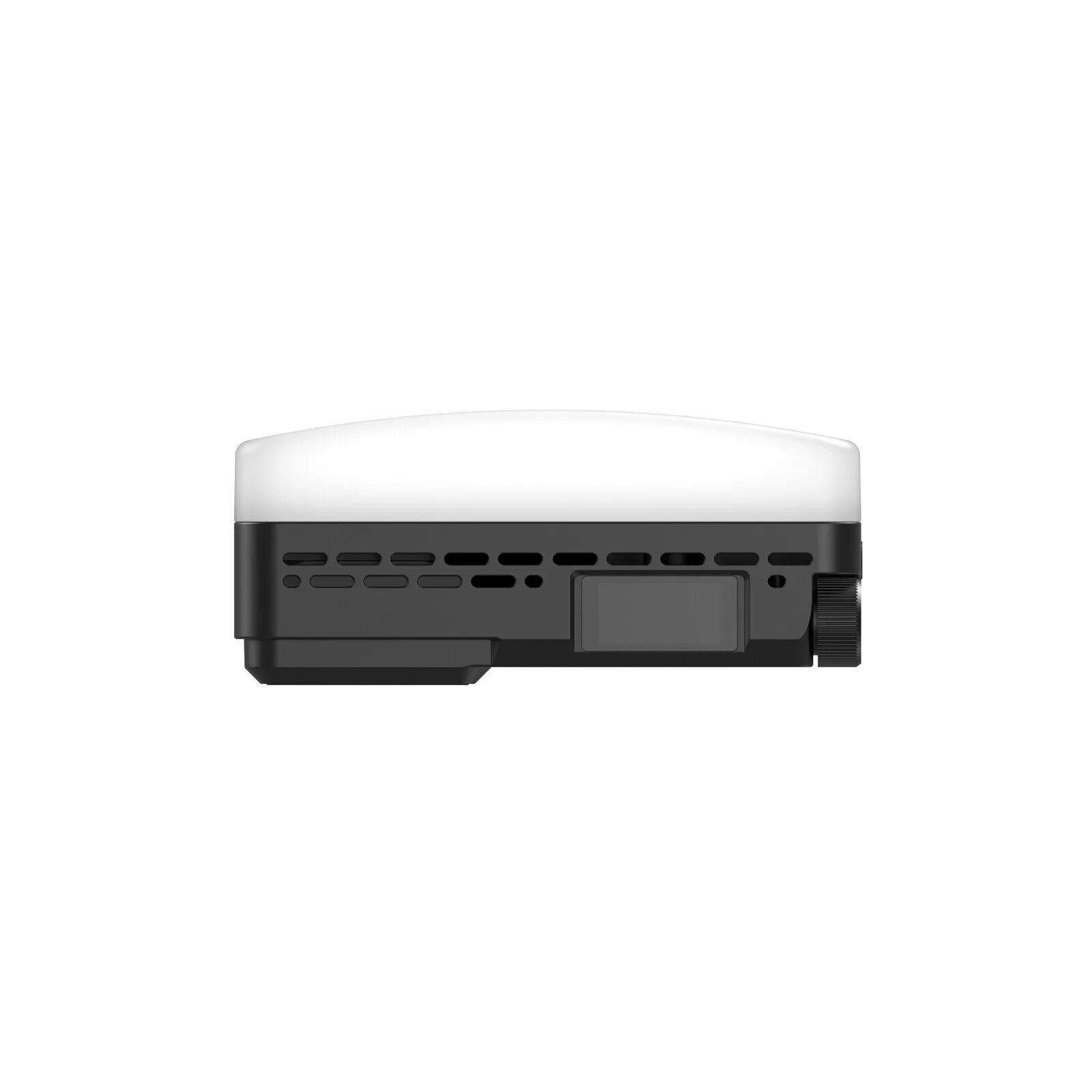 Small rectangular LED video light with a white diffuser, black housing, side control dial, and display screen.