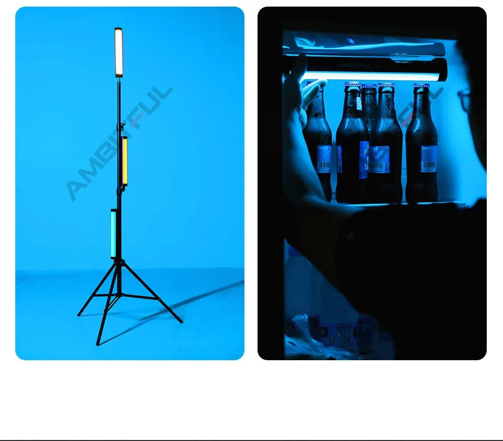 Portable LED light bar set on a tripod stand and handheld, featuring rectangular white lamps for photography lighting.