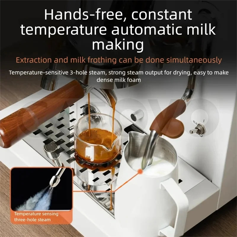 White Cafevo espresso machine with wood-grain handle, 3-hole steam wand, and simultaneous extraction and frothing.