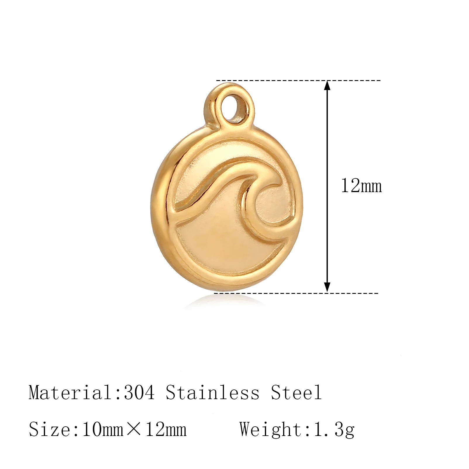 Gold sea wave stainless steel pendant charm for DIY pet necklaces and bracelets, 12mm dainty jewelry making supply.