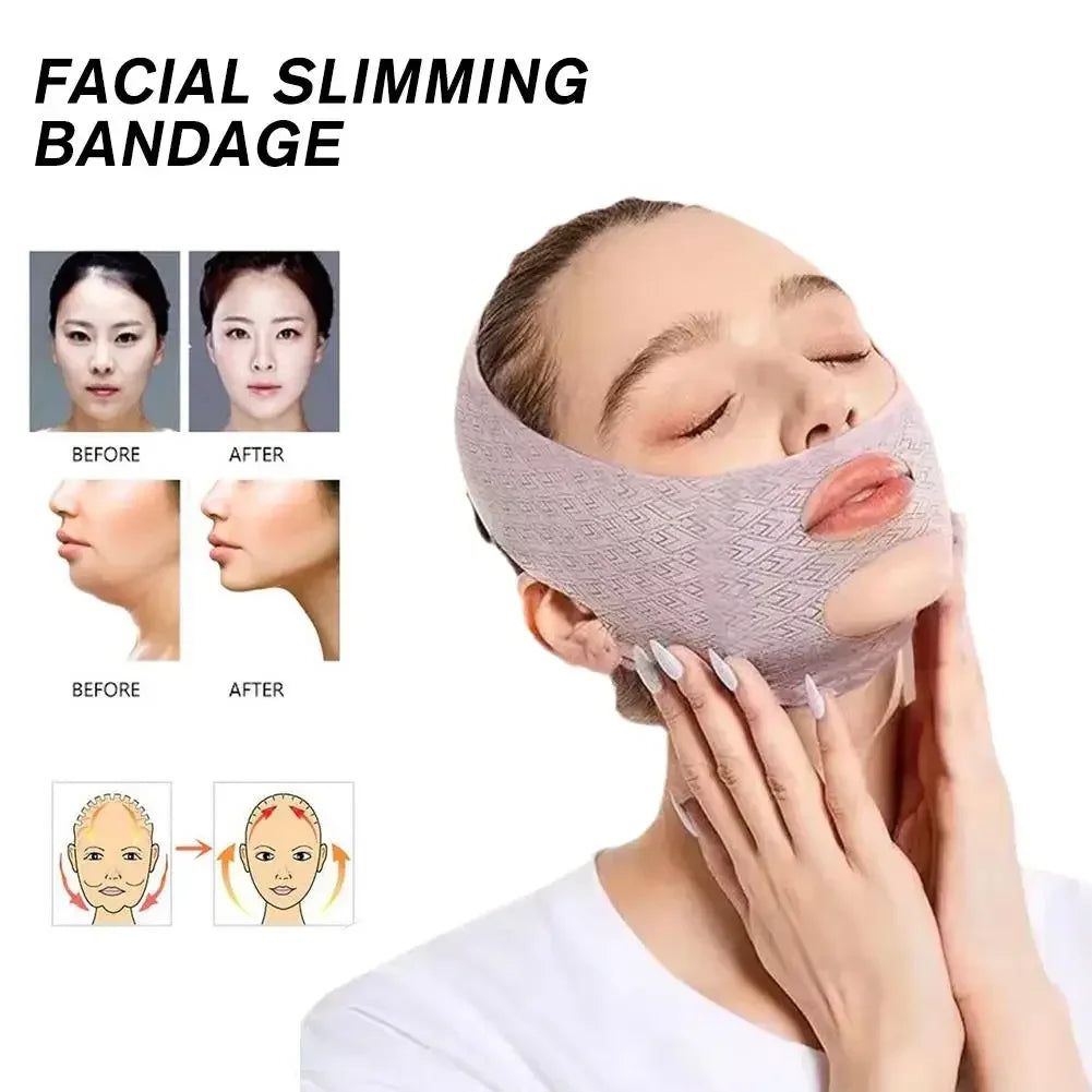 Woman wearing a light pink, textured facial slimming bandage strap, with before-and-after diagrams for chin lifting.