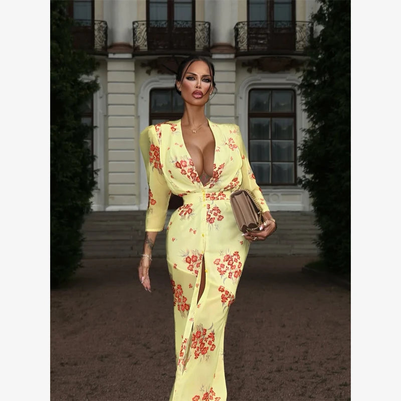 Fashion Sexy Organza Floral Printed Maxi Dress V-neck Puff Sleeve 2026 New Summer Romantic Women Party Gown Elegant Lady Vestido