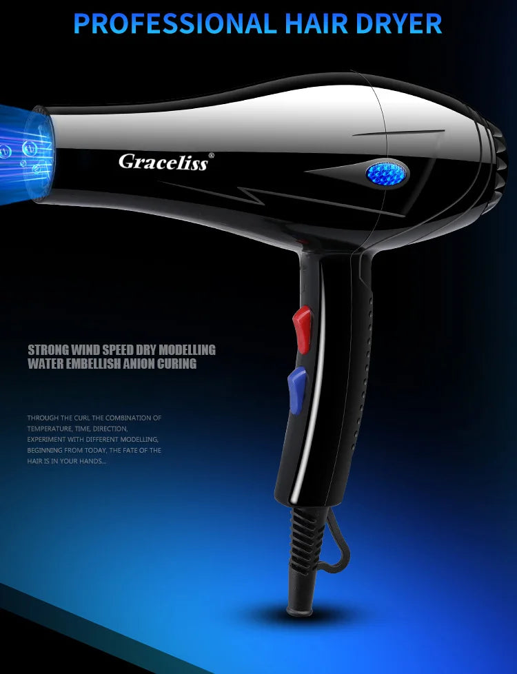 Black Graceliss professional hair dryer with EU plug, hot and cold wind settings, and anion curing technology.