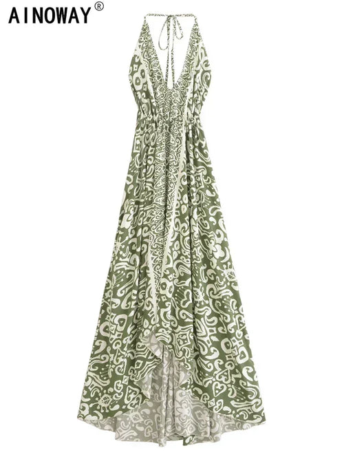 Olive green geometric print backless bohemian high-low maxi dress for summer or vacation wear.