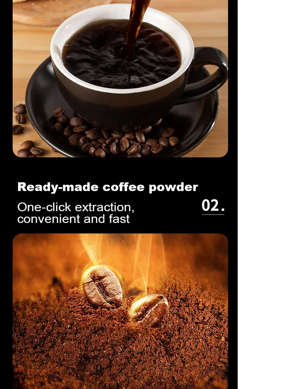 Black coffee maker machine pouring fresh espresso into a ceramic cup surrounded by roasted coffee beans.