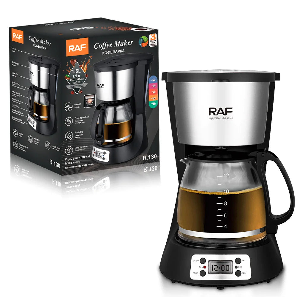 RAF 1.5L programmable drip coffee maker with black and stainless steel finish, glass carafe, and digital display.