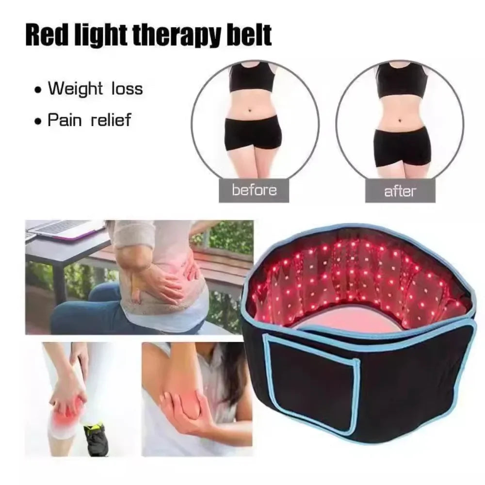 Red light therapy belt with 660nm and 850nm LEDs for back pain relief, joint support, and slimming weight loss.