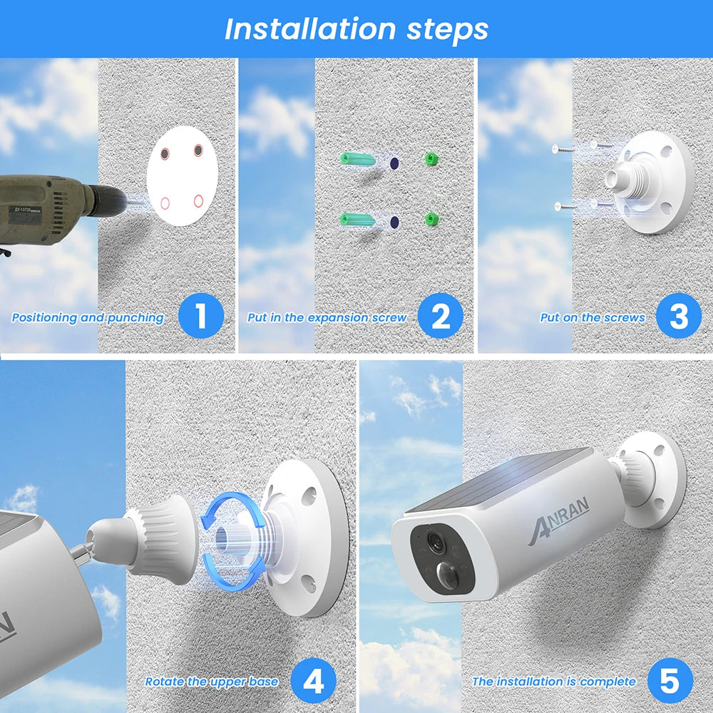 ANRAN 2K Solar Camera Built-in Battery 3MP 2.4G WIFI Security Camera Flood lights Free Basic Cloud Storage Color Night Vision