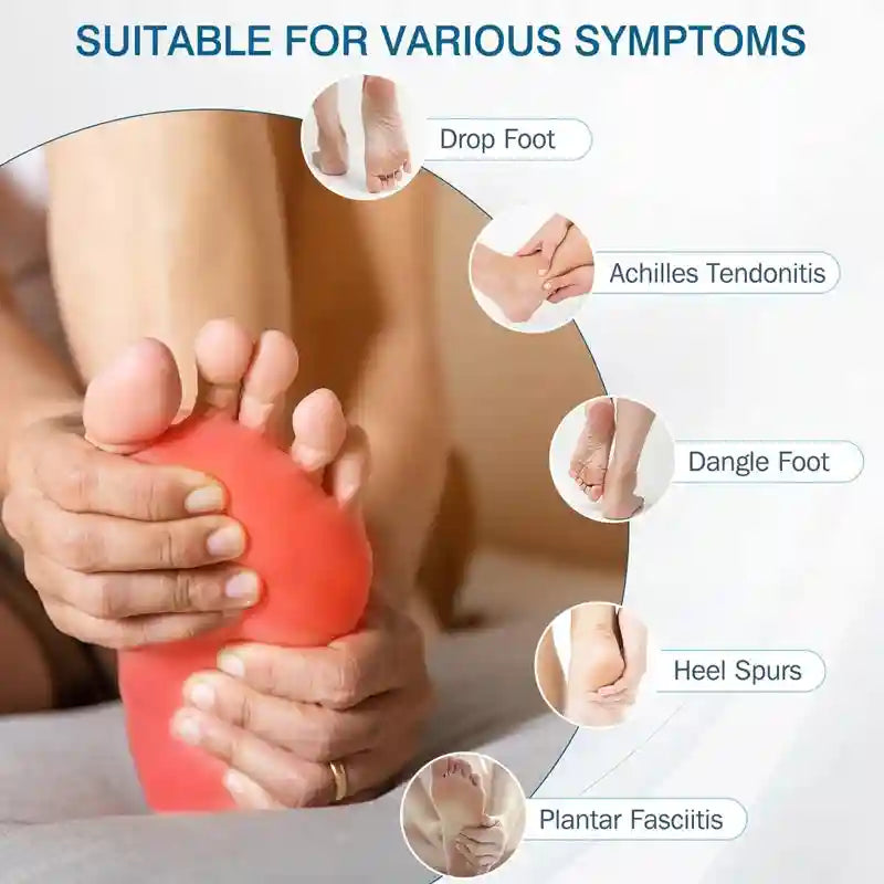 Plantar fasciitis relief brace treating drop foot, Achilles tendonitis, and heel spurs with adjustable support.