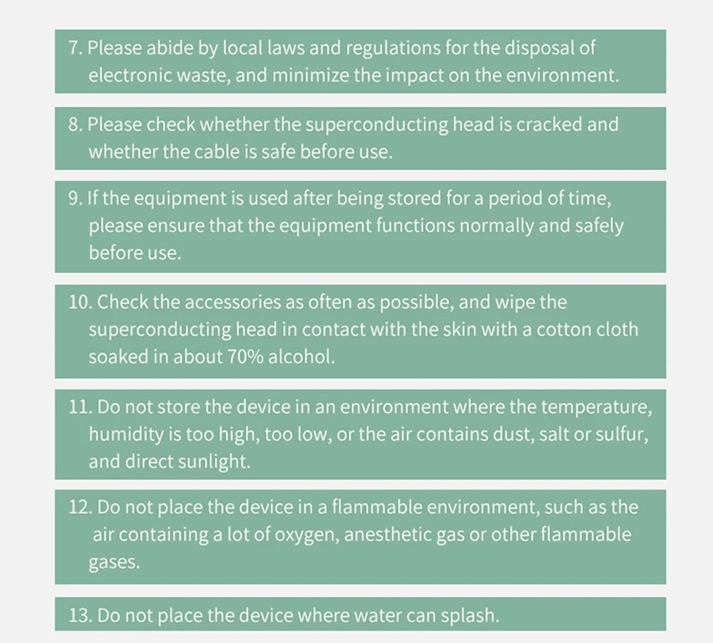 Safety guidelines for ultrasound physiotherapy device, detailing maintenance, storage, and cleaning instructions.
