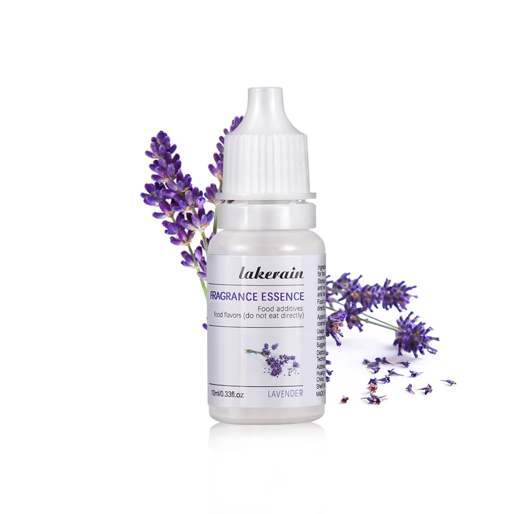 10ml Lakerain lavender fragrance oil for DIY lip gloss and soap making in a clear dropper bottle with purple flowers.