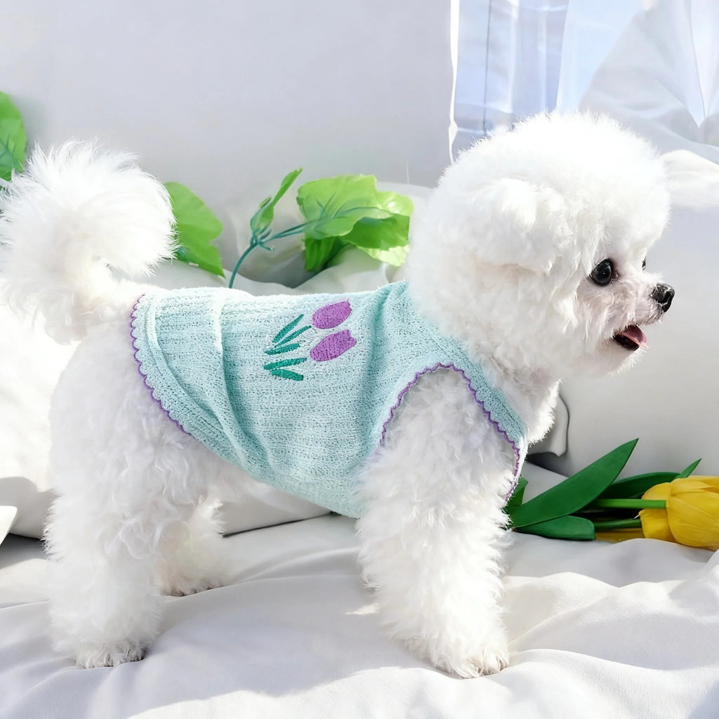 Soft, breathable light blue summer dog vest with purple flower print for small breeds like Bichons and Yorkies.