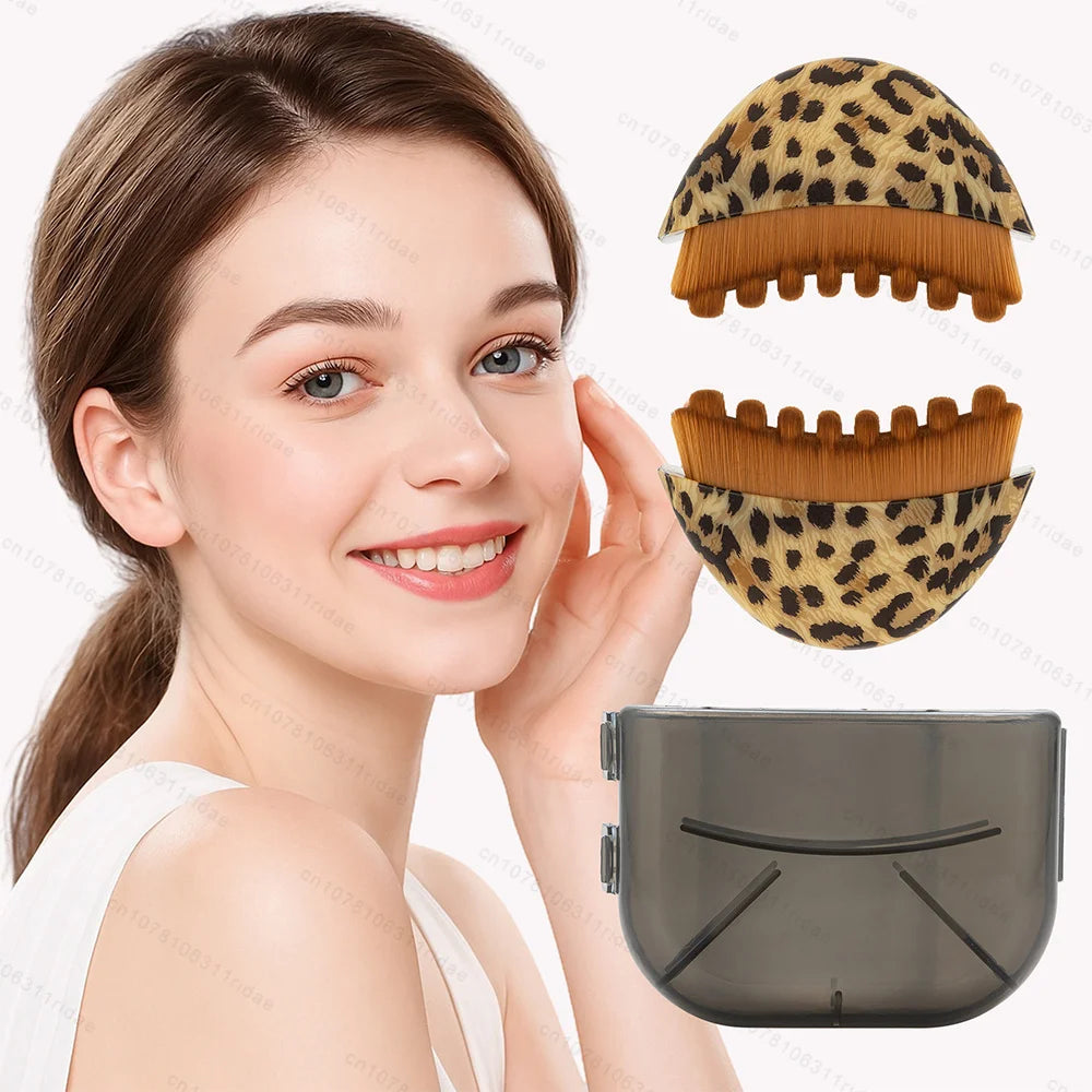 Leopard-print facial contour brushes with brown bristles and a matching grey storage case, shown with a smiling woman.