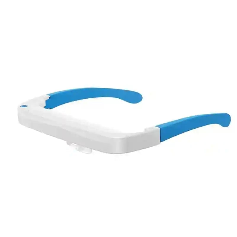 White and blue wearable light therapy glasses for sleep and energy, featuring UV-free blue and red light technology.