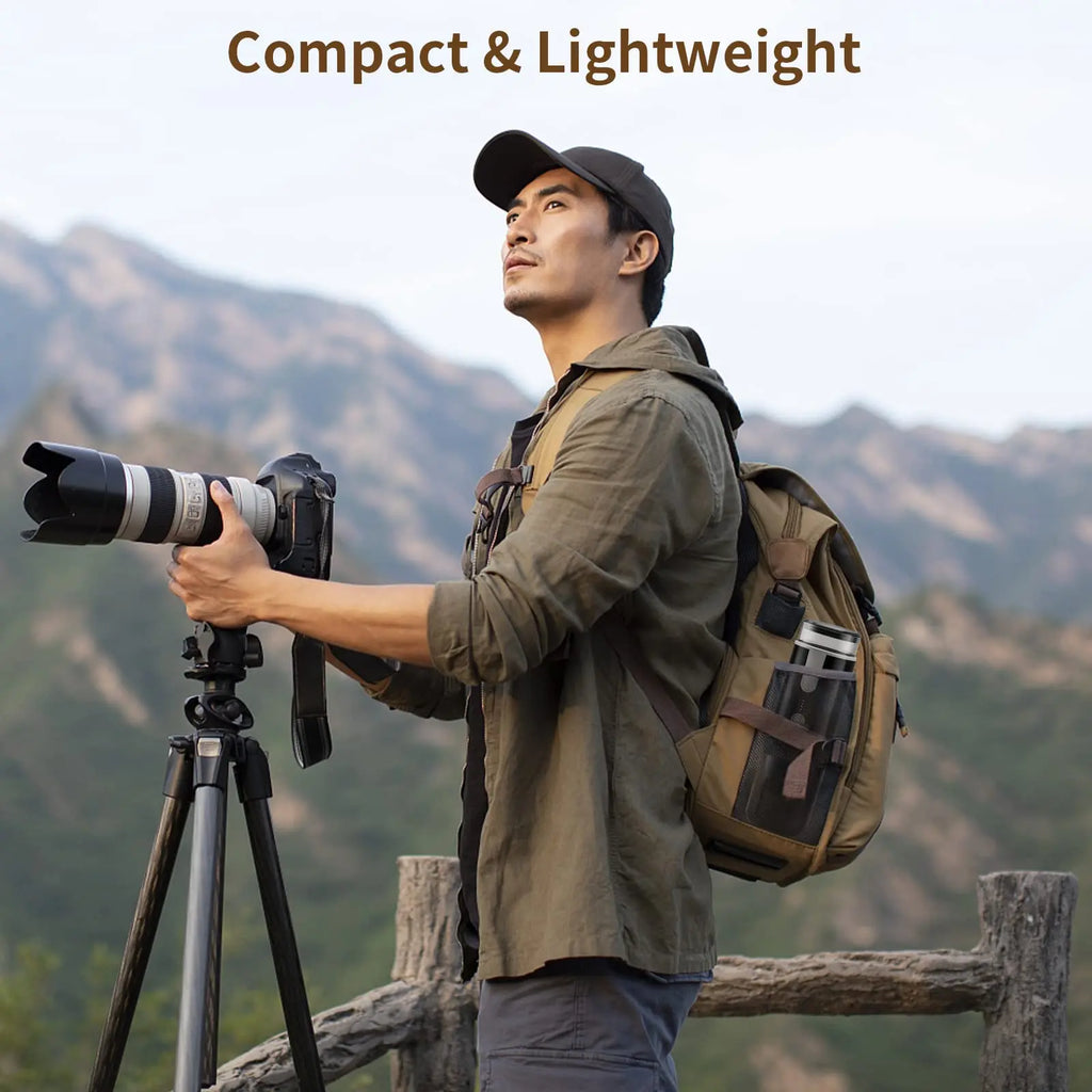 Compact black portable coffee maker stored in a backpack side pocket, ideal for outdoor travel photography.