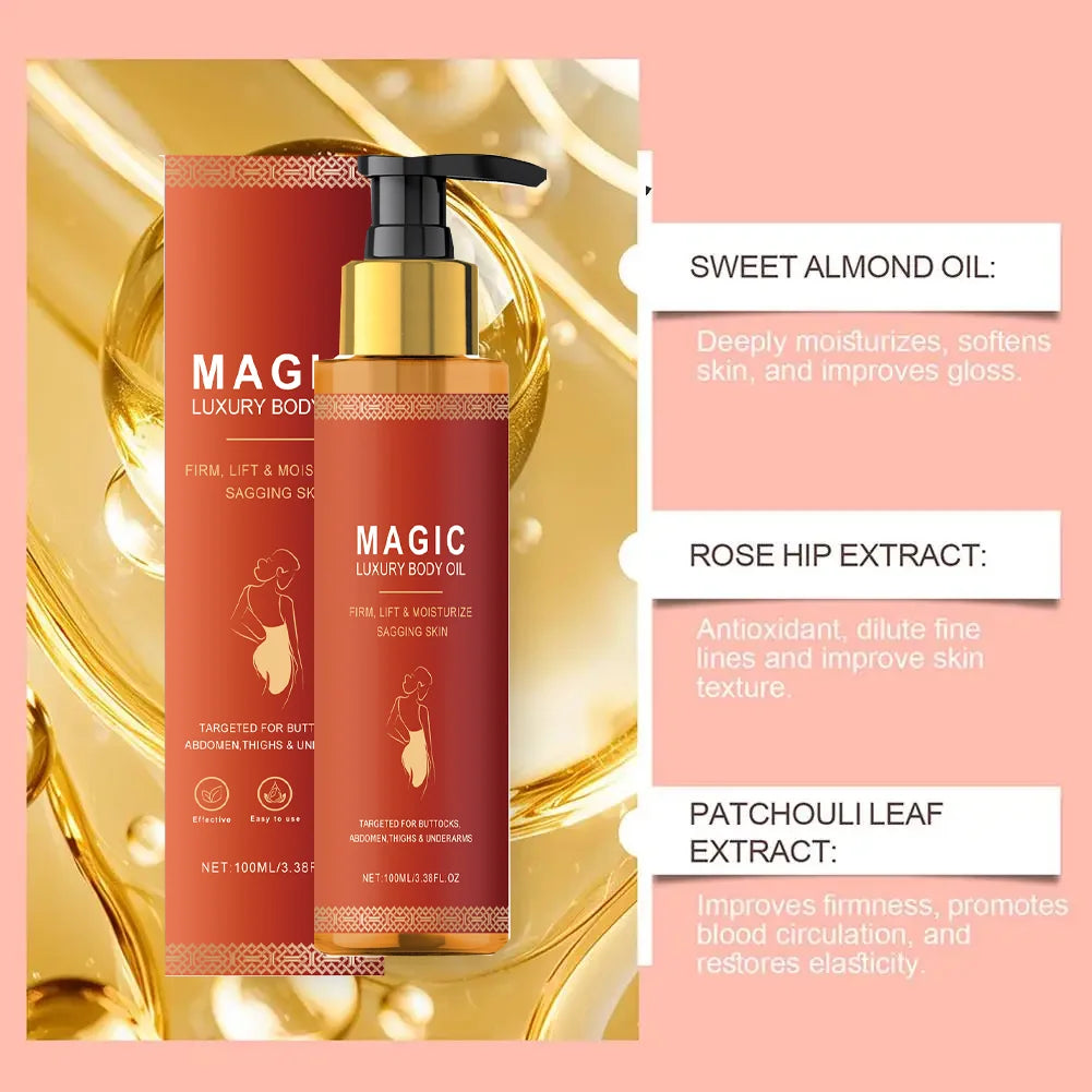 Magic Luxury Body Oil pump bottle in a red and gold box against an abstract liquid gold background.