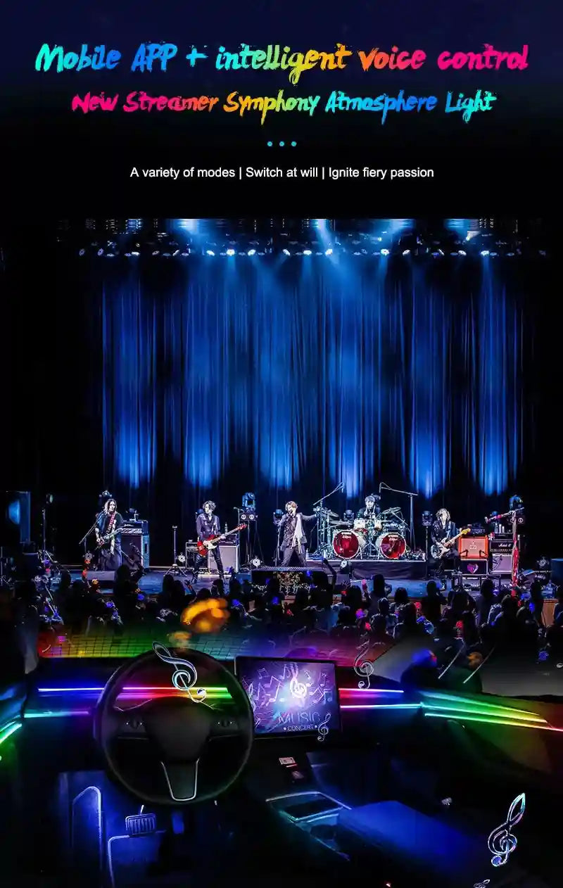 Multicolor LED streamer atmosphere light strips installed in a car interior, controlled via mobile app and voice.