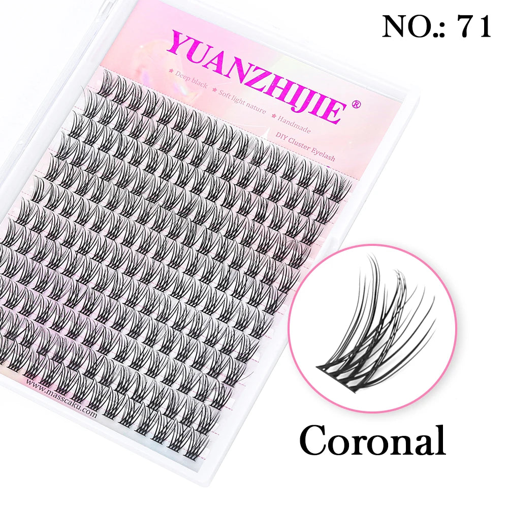 Tray of 144 black segmented DIY mink cluster lashes with a circular close-up highlight labeled "Coronal."