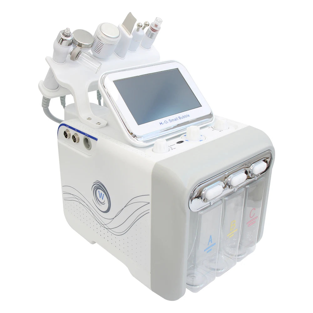 White AOKO 7-in-1 hydro dermabrasion facial machine with touchscreen, multiple probes, and three solution canisters.