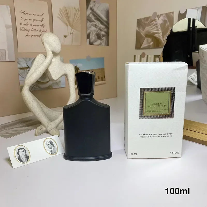 Creed Green Irish Tweed unisex EDP 100ml, black flask bottle with original white packaging box, luxury cologne spray.