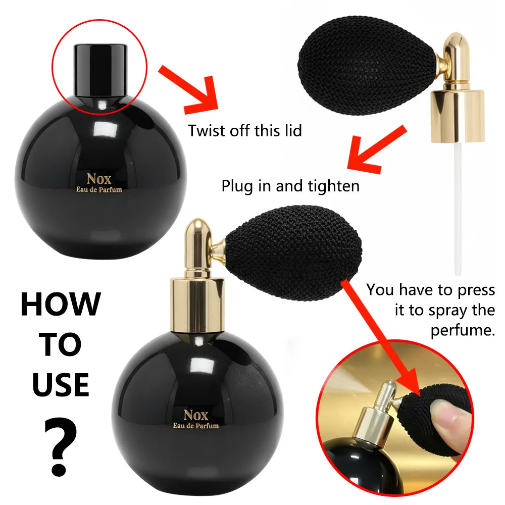 MINISO Harry Potter Nox EDP: Unisex woody floral perfume in a round black bottle with vintage atomiser spray pump.