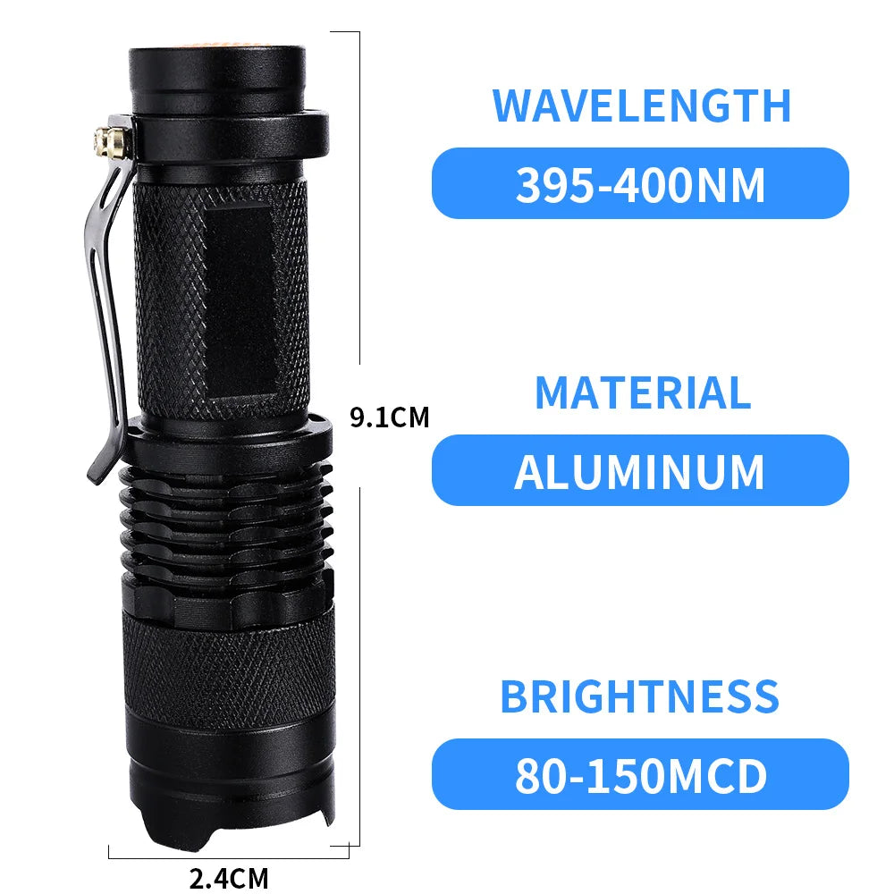 Small black aluminum UV flashlight for detecting pet urine stains, 9.1cm portable zoomable lamp for easy cleanup.