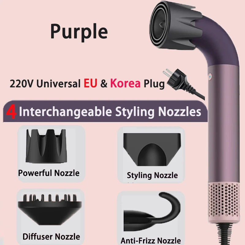 Purple 1400W hair dryer with 4 styling nozzles, EU/Korea plug, lightweight design for fast, low-noise drying.