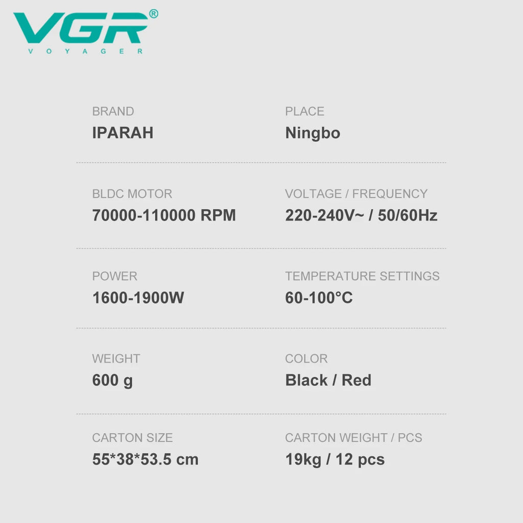 VGR V-401 Professional Hair Dryer specification chart: 110k RPM BLDC motor, 1900W, ionic salon blow dryer, black/red.
