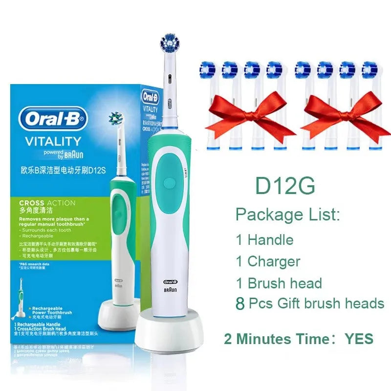 Electric toothbrush set, white handle with green detail, charger and 8 gift brush heads