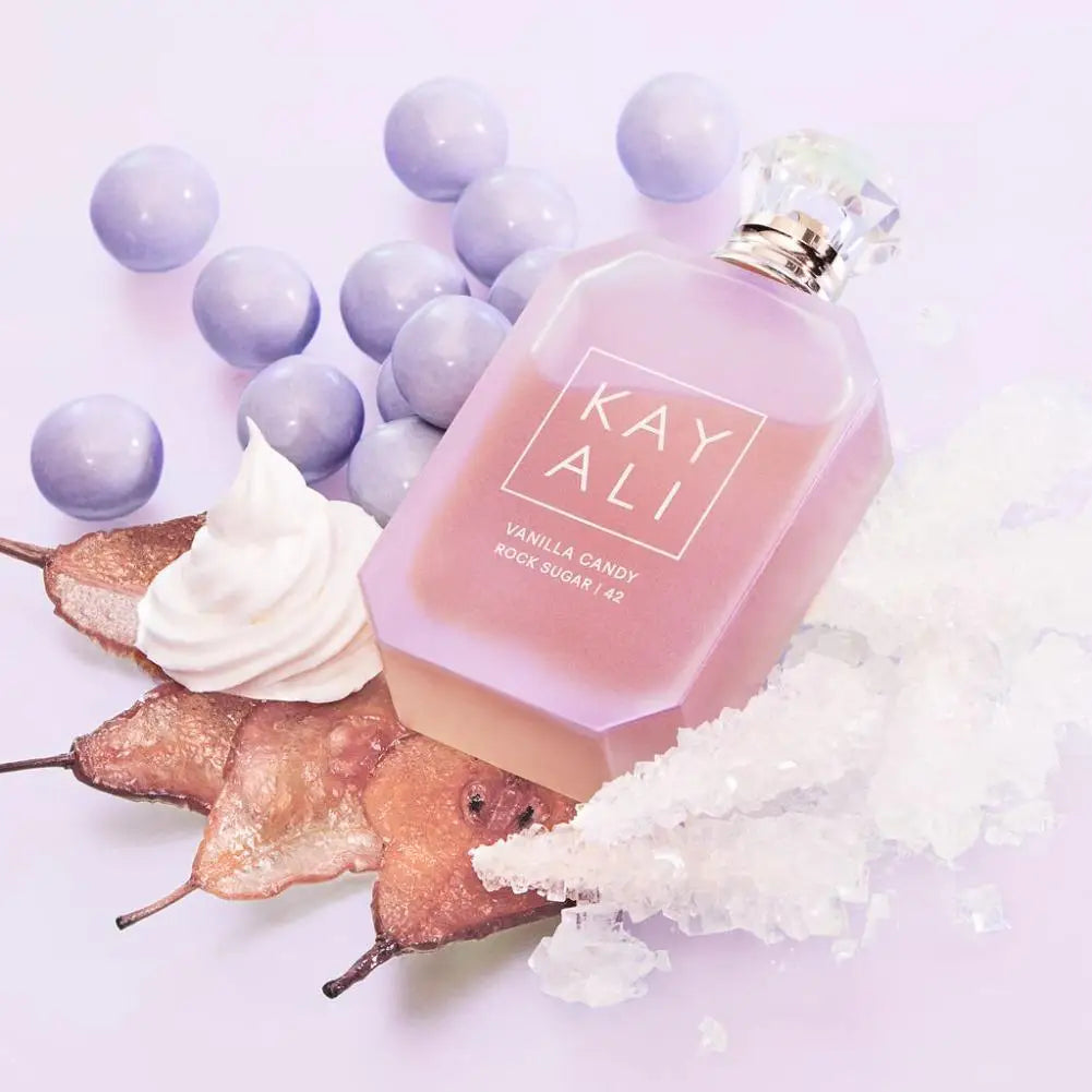 Kayali Vanilla Candy Rock Sugar 42 EDP: Luxury floral fruity vanilla scent in a sleek geometric bottle for women. 100ml.