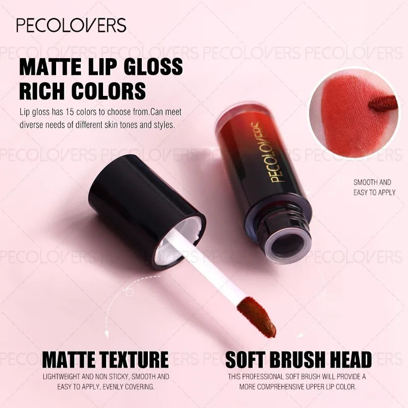 Pecolovers long-lasting matte lip gloss in black tube with soft applicator brush for smooth, non-drying coverage.