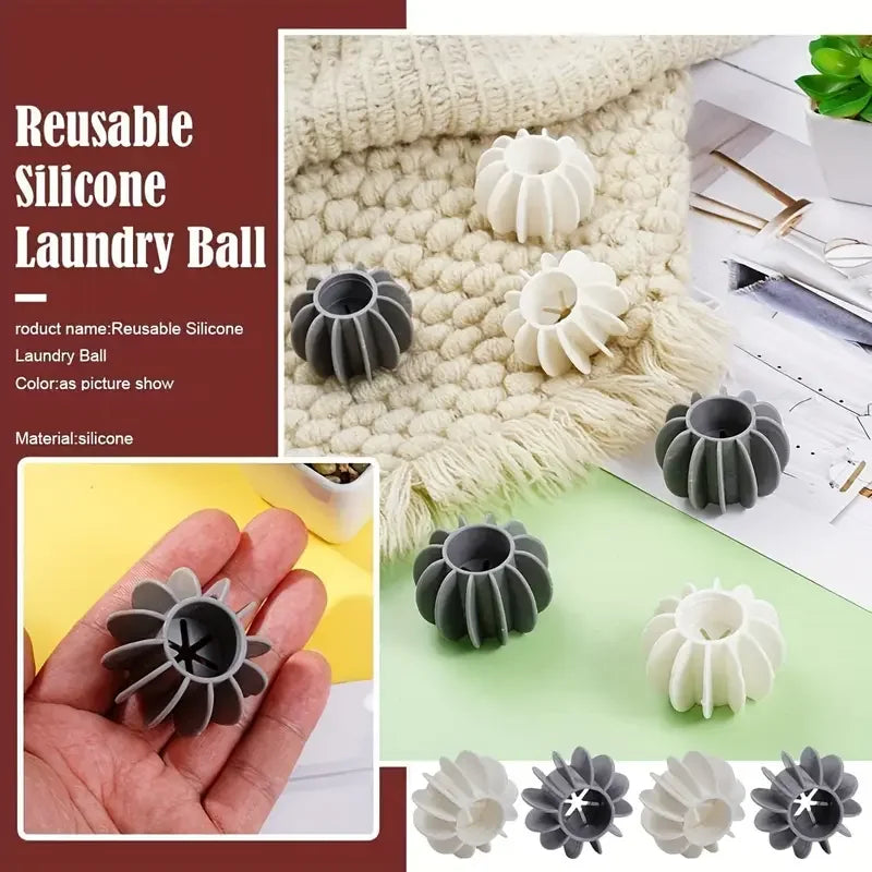 Reusable grey and white silicone laundry balls for removing pet hair and cat fur from clothes in the washing machine.