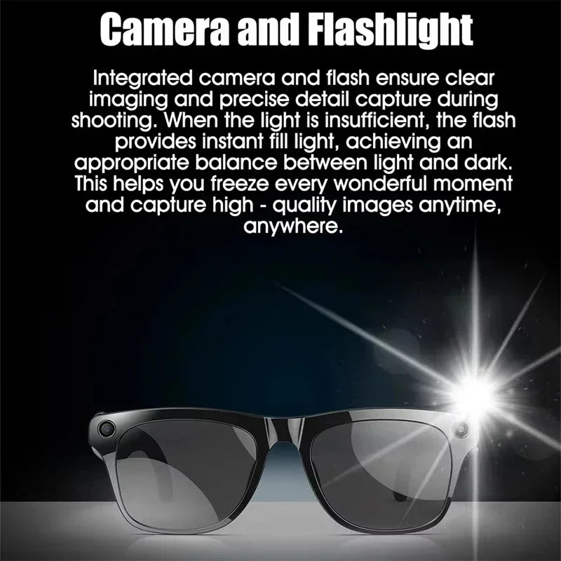 Black plastic smart glasses with an integrated camera and flashlight for capturing photos and videos.
