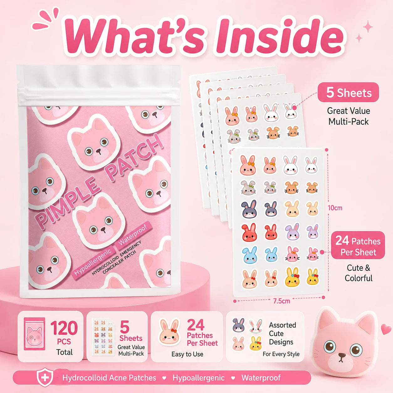 120pcs Cartoon acne patch, cute cat-shaped facial concealer acne patch, safe, non-toxic, gentle and non-irritating, suitable for