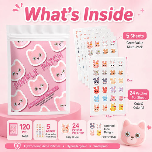 Cartoon cat acne patch multi-pack with 5 sheets and 24 patches per sheet