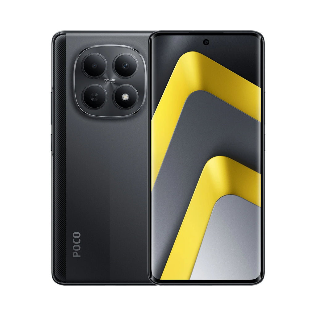Black POCO smartphone with a quad-lens camera and 50MP sensor, showing front display with abstract yellow-grey design.
