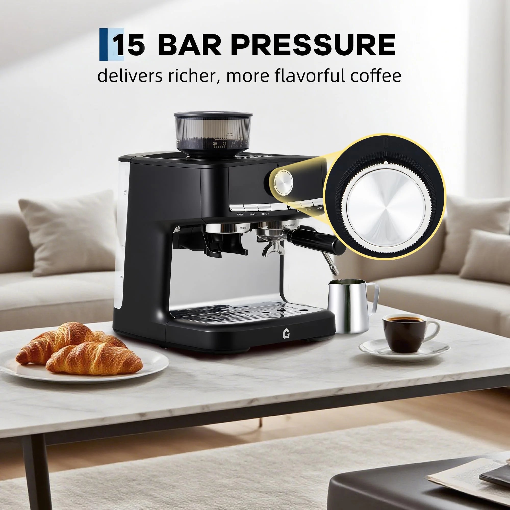Gevi 15-bar black espresso machine with built-in grinder and silver metallic control dial on a kitchen table.
