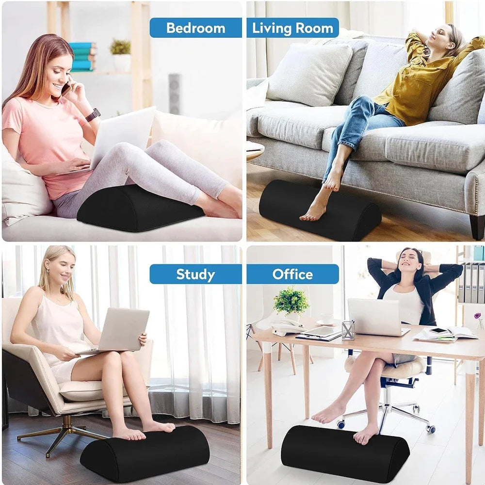 Ergonomic black memory foam under-desk foot rest for office, home, and study use with non-slip, washable cover.