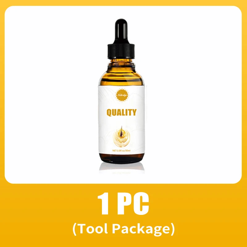 Amber glass dropper bottle for scalp hair care liquid, 30ml size, used with portable scalp applicator massage comb.